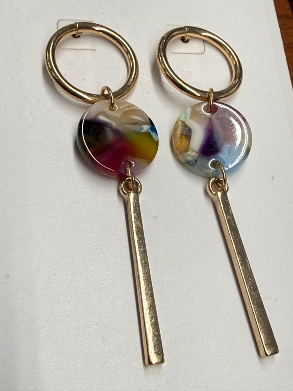 Gold Hoop Dangle Earrings with Multicolor Resin Discs